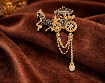 Horse Chariot Brooch, Victorian Style Layered Chain Pin, Antique Gold Plating Accessories