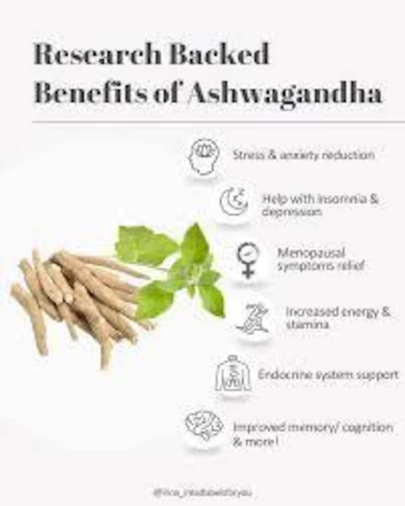 May include: An image showcasing the benefits of Ashwagandha. The image features a pile of dried, beige Ashwagandha roots next to fresh green leaves. Text highlights benefits such as stress reduction, improved sleep, and increased energy. The background is white.