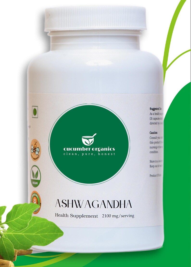 May include: A white plastic bottle of Ashwagandha health supplement. The label features a green circle with the text "cucumbrr organics clean, pure, honest". The text "ASHWAGANDHA Health Supplement 2100 mg/serving" is below the circle. The bottle has a white cap.