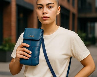Handcrafted Blue Rexine Phone Pouch | Patchwork Wallet with Strap