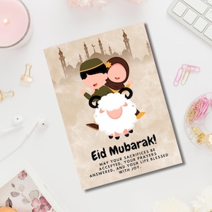 Cartão de Eid Al-Adha para impressão | Saudação digital de Eid Mubarak | Cartão de feriado muçulmano | Download A6 | Presente islâmico para amigos e familiares | Kawaii