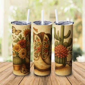 Western Cowgirl Boots Tumbler Wrap, 20 oz Skinny Tumbler Sublimation Design Wrap, Digital Download, Straight Design PNG, Cactus  Flowers