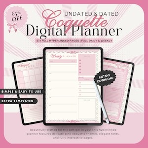 Coquette Pink Digital Planner Undated & Dated 2026, iPad and Android, Daily Weekly Monthly All-in-One (Digital Download)