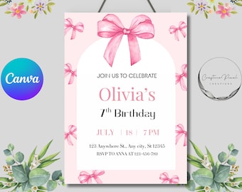 Pink Bow Birthday Invitation | Coquette Girl Birthday Invite | Pink Ribbon Canva Template | Bow Theme Birthday Party Printable Invite