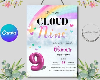 Pastel Rainbow Cloud Birthday Invitation, Cloud 9 Birthday Invitation, Editable Rainbow Cloud 9 Birthday Invitation, Rainbow of fun Invite
