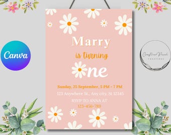 May include: A pink invitation card with daisy flower illustrations and the text "Marry is turning one". The invitation includes event details: date, time, location, and RSVP information. The Canva logo is visible in the upper left corner.