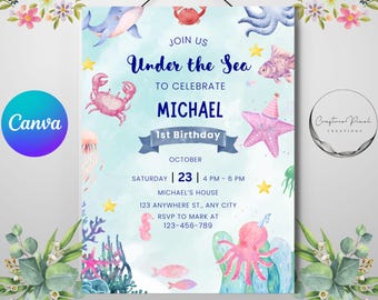 Under the Sea Birthday Invitation, Editable Ocean Party Template, Starfish, Octopus, Marine Life, Sea Animals, Digital Download