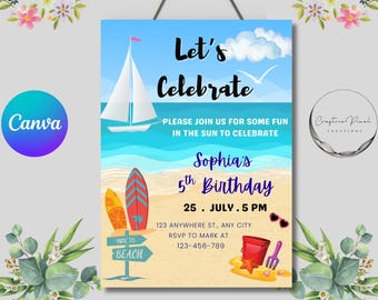 Beach Birthday Invitation, Tropical Summer Evite, Girl Surfer Party, Pool or Ocean Party Invite, Beach Celebration Printable