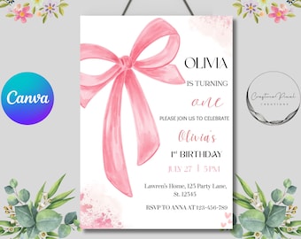 Coquette Ribbon Girl Birthday Invite | Editable Pink Bow Birthday Invitation | Canva Template | Printable Bow Party Digital Invitation Card
