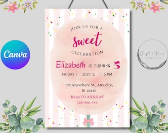 Striped Cotton Candy Birthday Invitation | Cotton Candy Party Invite | Sweet Celebration | Pink Sprinkles | Printable Canva Evite