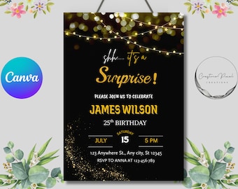 Shhh It’s a Surprise Birthday Invitation | Editable Adult Party Invite | Black Gold Glitter 30th 40th 50th Birthday | Digital Template