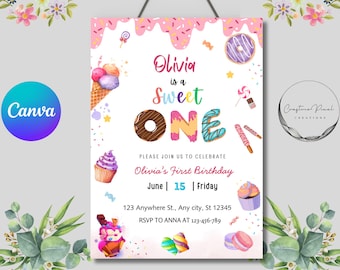 Sweet One Birthday Invitation, 1st Birthday Girl Invite, Candy Birthday, Sweet One Theme, Ice Cream Party, Girl Birthday Sweets Invite