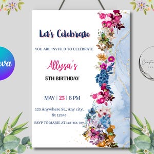 Flower Birthday Invitation | Floral Spring Flowers Template | Floral 1st Birthday Invitation | Spring and Summer Wildflowers Birthday Party