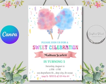 Editable Cotton Candy Invitation | Candyland Birthday Invite | Sweet Celebration | Pink Sprinkles | Printable Canva | Instant Download