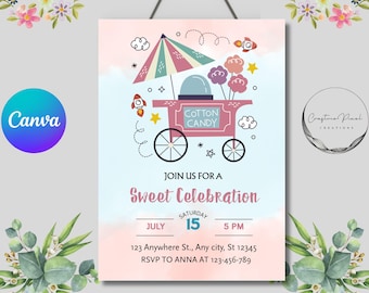 Cotton Candy Birthday Invitation | Editable Candy Theme Party Invite | Cotton Candy Party | Sweet Celebration | Canva Evite