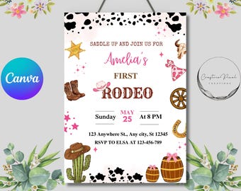 Inbjudan till första rodeo-födelsedag | Cowgirl-födelsedagsinbjudan | Vilda västern-festinbjudan | Digital western-tema-födelsedag | Canva-mall