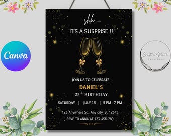 Mens Surprise Birthday Invitation | Shhh It's a Surprise Party Invite | Editable Black Gold 30th 40th 50th Birthday | Digital Template