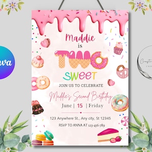 Two Sweet Birthday Invitation, 2nd Birthday Girl Party Invite, Candy Donut Dessert Theme, Editable Printable Template, Digital Canva Evite