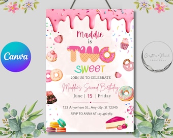 Two Sweet Birthday Invitation, 2nd Birthday Girl Party Invite, Candy Donut Dessert Theme, Editable Printable Template, Digital Canva Evite