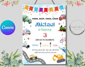 Editable Transportation Birthday Invitation | Honk Beep Choo Choo Train Invite | Truck and Cars Birthday Party | Digital Download Printable