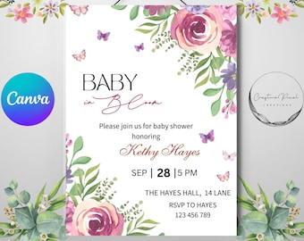 Invitación de baby shower con flores silvestres, invitación de baby shower con flores, plantilla de invitación editable de Canva
