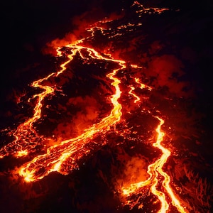 May include: Aerial view of a flowing river of molten lava, glowing bright orange and red against a dark, shadowy landscape. The lava's path winds through the terrain, creating a striking contrast.