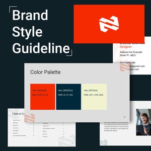 May include: A brand style guideline document with a color palette featuring red, navy blue, and cream colors. The document includes a logo, business card, and example images. Text includes "Brand Style Guideline" and contact information.