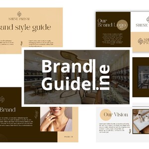 May include: A collection of pages from a brand style guide, featuring the "SHINE PRISM" logo. The pages display text, graphics, and a photo of a person wearing jewelry. The guide includes sections on brand style, logo, and vision.