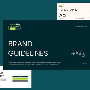 May include: A dark teal presentation titled "Brand Guidelines" with the "Fashion Store" logo. Additional slides show "Typography" and "Color Palette" with text. The presentation includes a color scheme of black, green, and gray.