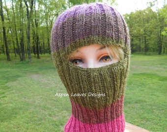 Striped balaclava,  Hand knit with wool /acrylic blend yarn, Pink, red, green and purple, Ready to  ship