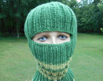 Green striped balaclava Wool /acrylic blend yarn Medium green with light green stripes Ready to  ship Handmade