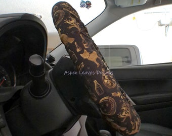 Spooky steering wheel cover, Skulls, Moths, Cats, Crows, Moons, Poison, Gold on black fabric,