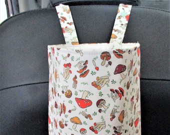 Mini mushroom trash bag - Snap closed -10 x 8 x 5 - Mushrooms and toadstools on cream fabric