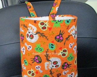 Orange skull trash bag  -Halloween  - Spooky all year  -Soft litter bag  -Snap closed  -10x8x5  -Handmade