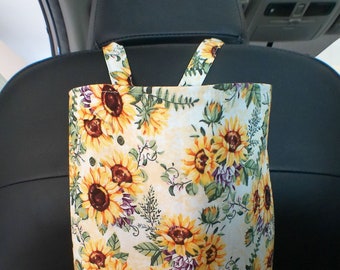 Sunflower trash bag  - Yellow sunflowers purple flowers green leaves on cream fabric