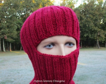 Cranberry red balaclava Ski mask Wool /acrylic blend yarn -Hand knit - Ready to ship Handmade