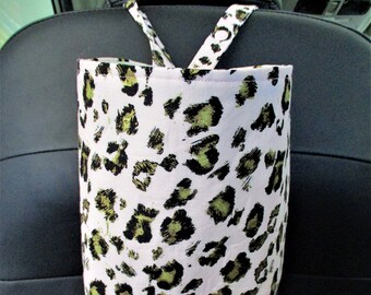 Pink cheetah trash bag  - Gold and black leopard spots on pink fabric - 10x8x5  -Handmade