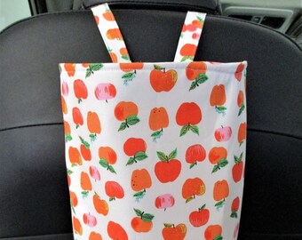 Apple trash bag - Snap closure - Orange /red and pink apples on white - 10x8x5  -Handmade