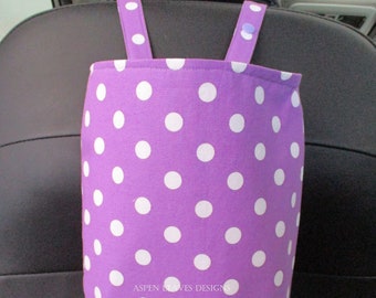 Purple dots trash bag  - Snap closed - White dots on purple fabric - 10x8x5 - Handmade