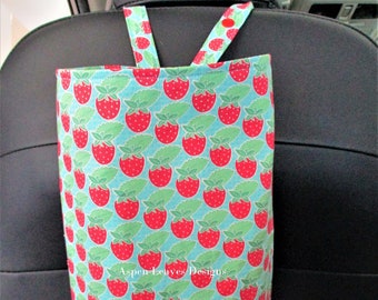 Strawberry trash bag - Snap closed - Large red strawberries and green leaves on blue fabric