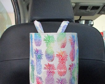 Tie dye pineapple trash bag - Snap handle-  10 x 8 x 5 -  Multicolor fruit on white fabric - Handmade
