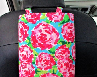 Floral trash bag, Snap closure,  Soft litter bag, Pink roses on blue fabric, 10x8x5,,