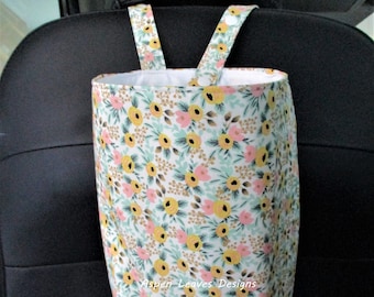 Primavera rose trash bag, Snap closure,  Soft litter bag, 10x8x5, Pink, yellow, Green floral on Cream,