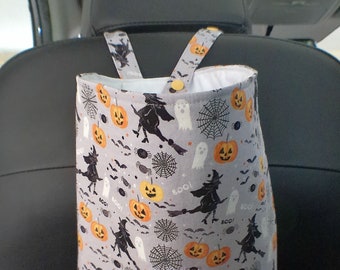 Halloween trash bag - Pumpkins / witches / cats  and spiders on gray - Spooky all year - 10x8x5  -Handmade