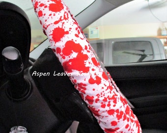 Blood splatter steering wheel cover. Horror car accessory. Red on white