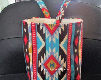 Southwestern trash bag, Snap closure, Turquoise blue, red, and white on black, 10x8x5, Car accessory