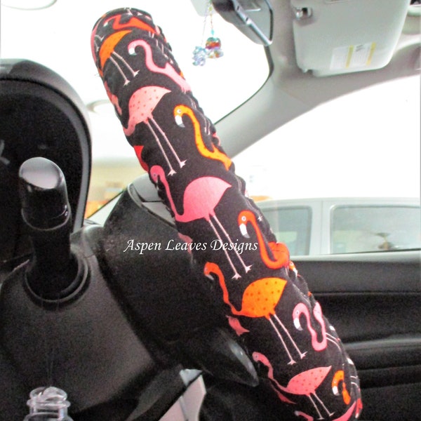 Flamingo steering wheel cover-  Full grip fabric inside - Pink and orange birds on black fabric -Handmade