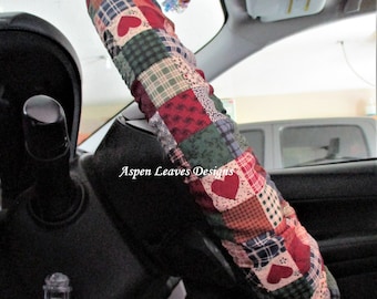 Patchwork squares steering wheel cover, Squares and hearts car accessory, Red, Black, Green