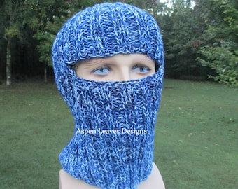 Denim blue balaclava Ski mask  Acrylic yarn Hand knit  Blue and white mix Ready to  ship Handmade