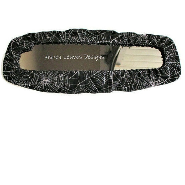 Spider web  Rear view mirror cover -v White webs on black fabric  - Glows in the dark Panoramic sizes available